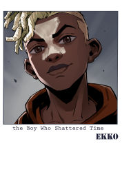 Rule 34 | 1boy, absurdres, arcane: league of legends, blonde hair, border, brown eyes, bu ruo1996 (caricaturist), character name, closed mouth, collarbone, commentary request, dark-skinned male, dark skin, ekko (league of legends), english text, facial mark, firelight ekko, gradient background, grey background, highres, hood, hood down, league of legends, looking at viewer, male focus, portrait, short hair, smile, solo, white border