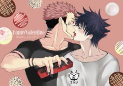 Rule 34 | 2boys, arm tattoo, black hair, black nails, black shirt, blush, candy, chocolate, collarbone, extra eyes, eye contact, facial tattoo, fingernails, food, food in mouth, french kiss, fushiguro megumi, green eyes, hair between eyes, happy valentine, highres, holding, holding chocolate, holding food, jujutsu kaisen, kiss, looking at another, male focus, mixed-language commentary, multiple boys, nail polish, neck tattoo, pink hair, ryoumen sukuna (jujutsu kaisen), sato zero915, shirt, short hair, short sleeves, spiked hair, tattoo, twitter username, valentine, white shirt, yaoi