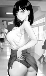 Rule 34 | absurdres, ass, bare arms, bare shoulders, black hair, black panties, black skirt, blush, breasts, clothes lift, gentsuki, greyscale, highres, holding, holding notebook, large breasts, lifted by self, looking at viewer, looking back, monochrome, multiple girls, notebook, original, panties, pleated skirt, school hall, school uniform, seductive smile, shirt, side-tie panties, skirt, skirt lift, sleeveless, sleeveless shirt, smile, solo focus, standing, teacher, turning head, underwear, white shirt, window