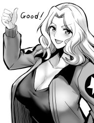 Rule 34 | 1girl, :d, breasts, cleavage, english text, girls und panzer, greyscale, hifumi hajime, jacket, kay (girls und panzer), large breasts, long hair, looking at viewer, monochrome, open clothes, open jacket, open mouth, saunders military uniform, smile, solo, star (symbol), thumbs up, upper body