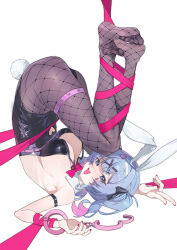 Rule 34 | 1girl, absurdres, animal ears, arm belt, arm ribbon, black leotard, black pantyhose, blue eyes, blue hair, blush, bow, bowtie, breasts, clothing cutout, commentary request, detached collar, fake animal ears, fake tail, fishnet pantyhose, fishnets, hair ornament, halter leotard, halterneck, handcuff dangle, hatsune miku, heart, heart cutout, heart in eye, highleg, highleg leotard, highres, large breasts, leg ribbon, leotard, looking at viewer, lushi jin up, nail polish, no shoes, open mouth, pantyhose, pink bow, pink bowtie, pink nails, pink ribbon, playboy bunny, rabbit ears, rabbit hole (vocaloid), rabbit tail, ribbon, simple background, soles, solo, stomach cutout, symbol in eye, tail, teardrop facial mark, teeth, thigh strap, upper teeth only, upside-down, v, vocaloid, white background, x hair ornament