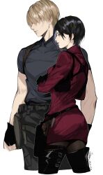 Rule 34 | 1boy, 1girl, ada wong, black footwear, black gloves, black hair, black pants, black pantyhose, blonde hair, blue shirt, boots, closed mouth, commentary request, cowboy shot, cropped legs, crossed arms, dated, fingerless gloves, from side, gloves, hair behind ear, harness, highres, holster, leon s. kennedy, long sleeves, looking to the side, meow (cindy738), pants, pantyhose, profile, red lips, red sweater, resident evil, resident evil 4, resident evil 4 (remake), ribbed sweater, shirt, short hair, short sleeves, shoulder holster, signature, standing, sweater, thigh boots, turtleneck, turtleneck sweater, white background