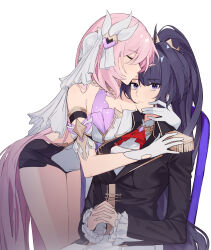 Rule 34 | 2girls, absurdres, bare shoulders, bent over, black shorts, black vest, breasts, brooch, cleavage, closed mouth, clothing cutout, detached sleeves, elbow gloves, elysia (herrscher of human:ego) (honkai impact), elysia (honkai impact), gloves, hair between eyes, heart, heart brooch, highres, honkai (series), honkai impact 3rd, hug, jewelry, kiss, kissing forehead, large breasts, legs, long hair, looking at viewer, multiple girls, on chair, own hands together, pink hair, ponytail, purple eyes, purple hair, quanx70909457, raiden mei, shirt, short shorts, short sleeves, shorts, side cutout, sitting, very long hair, vest, white background, white gloves, white shirt, white veil