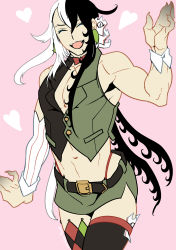 Rule 34 | 1boy, ^ ^, alternate costume, ashiya douman (fate), asymmetrical hair, bare arms, bare shoulders, black eyes, black hair, bow, bowtie, closed eyes, cropped vest, curly hair, earrings, closed eyes, fate/grand order, fate (series), fingernails, green shorts, hair between eyes, hair intakes, highres, jewelry, long hair, looking at viewer, magatama, magatama earrings, male focus, midriff, multicolored hair, navel, pectorals, raiwa higashi, sharp fingernails, shikigami, shirt, shorts, sleeveless, sleeveless shirt, solo, split-color hair, stomach, thighs, toned, toned male, two-tone hair, very long fingernails, very long hair, vest, white hair, wrist cuffs