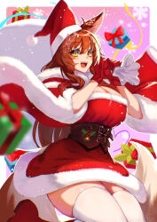 Rule 34 | 1girl, animal ears, bag, blush, breasts, brown hair, christmas, christmas present, cleavage, fox ears, fox girl, fox tail, fumi (nijisanji), gift, gloves, hat, highres, holding, holding bag, large breasts, long hair, murechika, nijisanji, open mouth, red gloves, ribbon, santa costume, santa hat, smile, snowflakes, solo, tail, thighhighs, thighs, very long hair, virtual youtuber, white thighhighs, yellow eyes