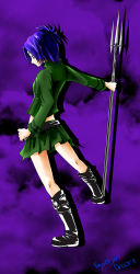 Rule 34 | 00s, 1girl, armor, armored boots, blue hair, boots, chrome dokuro, dutch angle, from behind, full body, green shirt, green skirt, katekyo hitman reborn!, knee boots, long sleeves, outstretched arm, polearm, purple background, shirt, short hair, simple background, skirt, solo, standing, teperyndroors, trident, weapon