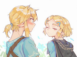 Rule 34 | 1boy, 1girl, alzi xiaomi, blonde hair, blue eyes, blush, braid, closed mouth, crown braid, jewelry, link, long hair, looking at another, nintendo, pointy ears, ponytail, princess zelda, short hair, silent princess, the legend of zelda, the legend of zelda: breath of the wild, the legend of zelda: tears of the kingdom
