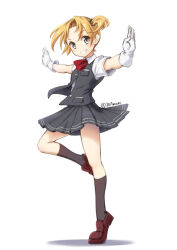 Rule 34 | 1girl, ascot, ballet, black skirt, black vest, blonde hair, brown footwear, collared shirt, dress shirt, en pointe, full body, gloves, green eyes, grey background, grin, kantai collection, loafers, long hair, looking at viewer, maikaze (kancolle), pleated skirt, red ascot, school uniform, shirt, shoes, skirt, smile, solo, tetsuryuu, vest, white gloves, white shirt