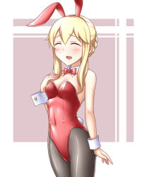 Rule 34 | 10s, 1girl, animal ears, blonde hair, bow, bowtie, clarice (idolmaster), detached collar, closed eyes, fake animal ears, idolmaster, idolmaster cinderella girls, long hair, pantyhose, pataneet, playboy bunny, rabbit ears, solo, standing, striped, striped background, wrist cuffs