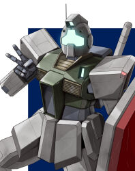 absurdres assault_visor blue_background commentary_request cowboy_shot gm_ii gundam hand_up highres mecha mecha_focus mobile_suit nagi_(user_dwyh2252) no_humans radio_antenna robot science_fiction shield solo standing two-tone_background v white_background zeta_gundam