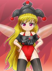 Rule 34 | 1girl, alternate costume, bare shoulders, black shirt, black thighhighs, blonde hair, closed mouth, clothes writing, clownpiece, collarbone, covered navel, crop top, fairy wings, hat, highleg, highleg leotard, jester cap, leotard, long hair, looking at viewer, off shoulder, pink eyes, shiny clothes, shirt, smile, solo, standing, t-shirt, thighhighs, touhou, very long hair, wings, winn