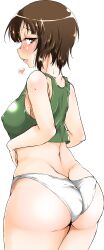 Rule 34 | 1girl, ass, blush, breasts, brown eyes, brown hair, covered erect nipples, from behind, girls und panzer, kami ryuoo, looking at viewer, nishizumi maho, open mouth, panties, solo, sweat, tank top, underwear