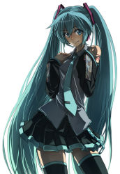 Rule 34 | 1girl, aqua eyes, aqua hair, detached sleeves, female focus, hatsune miku, headset, highres, long hair, necktie, simple background, skirt, smile, solo, thighhighs, twintails, very long hair, vocaloid, white background, yohchi