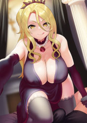 Rule 34 | 1boy, 1girl, bare shoulders, black dress, black thighhighs, blonde hair, breasts, bulge, christina (princess connect!), cleavage, closed mouth, dress, elbow gloves, erection, erection under clothes, gloves, hair between eyes, hetero, highres, jewelry, large breasts, licking lips, long hair, looking at viewer, muunyan (yumenekoya), necklace, pearl necklace, pov, princess connect!, solo focus, thighhighs, tongue, tongue out, yellow eyes