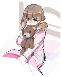Rule 34 | 1girl, bed, blush, brown eyes, brown hair, closed mouth, commentary, dated, hair between eyes, hair ornament, hairclip, hand up, highres, long hair, long sleeves, looking at viewer, original, pajamas, pillow, pink pajamas, pink shirt, polka dot, polka dot pajamas, polka dot shirt, shirasu youichi, shirt, signature, simple background, sitting, solo, stuffed animal, stuffed toy, teddy bear, under covers, white background