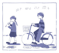 Rule 34 | 1boy, 1girl, bicycle, bicycle basket, border, braid, closed eyes, crossover, expressionless, facing ahead, flute, from side, full body, highres, holding, holding flute, holding instrument, holding flute, instrument, jack-o&#039; ran-tan, long hair, long sleeves, madotsuki, mochi (fayo), monochrome, music, napoli no otokotachi, no mouth, pants, playing instrument, pleated skirt, profile, purple theme, recorder, riding, riding bicycle, shirt, shoes, simple background, skirt, striped clothes, striped shirt, white background, yume nikki