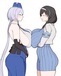 Rule 34 | 2girls, absurdres, armband, arms under breasts, backless outfit, backless shirt, bare shoulders, belt pouch, black hair, blue dress, blue eyes, blue headwear, blue necktie, blue skirt, blush, braid, braided ponytail, breast press, breasts, brid (nikke), bridal gauntlets, closed eyes, closed mouth, collared shirt, commentary, cowboy shot, dress, from side, garrison cap, goddess of victory: nikke, grey hair, gya rb, hair between eyes, hair over shoulder, hairband, hat, high-waist skirt, highres, huge breasts, jacket, long hair, long skirt, looking at another, low-tied long hair, low ponytail, mary (nikke), multiple girls, necktie, parted lips, pouch, shirt, sideboob, sidelocks, simple background, skirt, sleeveless, smile, standing, striped necktie, sweater, sweater dress, symmetrical docking, white background, white hairband, white jacket, white shirt