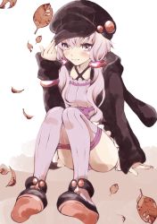 Rule 34 | 1girl, animal hood, anklet, blush, bracelet, rabbit hood, cabbie hat, eyelashes, hair ornament, hand up, hat, highres, hood, hood down, hoodie, jewelry, knees together feet apart, knees up, leaf, long hair, long sleeves, looking at viewer, purple eyes, purple hair, ribbed sweater, sheepd, sitting, solo, solo focus, sweater, thighhighs, vocaloid, voiceroid, white background, yuzuki yukari