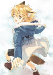 Rule 34 | 1boy, animal ears, blonde hair, blush, breath, fox ears, fox tail, hood, hoodie, jacket, looking back, male focus, open mouth, original, outstretched arms, running, short hair, smile, snow, solo, spread arms, tail, yellow eyes, yuu (warm water)