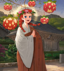 Rule 34 | 1girl, :d, anne of green gables, anne shirley, architecture, blue eyes, braid, day, east asian architecture, flower, freckles, hair flower, hair ornament, highres, japanese clothes, kimono, open mouth, outdoors, own hands together, present art, red hair, shrine, smile, solo, standing, twin braids, twintails, wide sleeves