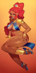 Rule 34 | 1girl, abs, absurdres, alternate form, alternate skin color, ankle wings, anklet, armor, bangle, blue footwear, blue lips, bracelet, braid, breasts, cleavage, combos &amp; doodles, commentary, dark-skinned female, dark skin, earrings, english commentary, french braid, full body, gerudo, gold footwear, green eyes, high heels, highres, jewelry, large breasts, lipstick, long hair, makeup, mole, mole on arm, mole on body, mole on shoulder, mole on stomach, multiple moles, navel, nintendo, pointy ears, princess zelda, red hair, shoulder armor, solo, tattoo, the legend of zelda, the legend of zelda: breath of the wild, thick thighs, thighs, tiara, triforce, very long hair, wings