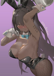 Rule 34 | 1girl, animal ears, aqua bow, aqua bowtie, arm up, ass, black hair, black leotard, blue archive, blush, bow, bowtie, breasts, cleavage, collar, commentary request, cowboy shot, cup, curvy, dark-skinned female, dark skin, detached collar, drinking glass, fake animal ears, fishnet pantyhose, fishnets, glass, gloves, hair between eyes, halo, highleg, highleg leotard, highres, holding, huge ass, karin (blue archive), karin (bunny) (blue archive), large breasts, leotard, long hair, nuda, official alternate costume, pantyhose, playboy bunny, ponytail, purple background, rabbit ears, rabbit tail, shiny clothes, shiny skin, sketch, solo, spilling, tail, tattoo, thong leotard, traditional bowtie, tray, twitter username, very long hair, white collar, white gloves, wide hips, wine glass, wrist cuffs, yellow eyes