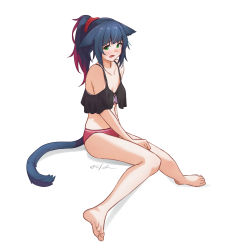 Rule 34 | 1girl, animal ears, arknights, bare legs, bare shoulders, barefoot, bikini, black bikini, blue hair, cat ears, cat tail, commentary request, green eyes, highres, jessica (arknights), long hair, looking at viewer, multicolored hair, off-shoulder bikini, off shoulder, open mouth, ponytail, purple hair, short sleeves, simple background, solo, stomach, swimsuit, tail, thighs, udon wudong, white background