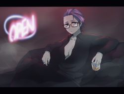 Rule 34 | 1girl, absurdres, alcohol, asymmetrical hair, bags under eyes, black-framed eyewear, black shirt, bob tks, breasts, cigarette, cleavage, cup, drinking glass, expressionless, female focus, glasses, highres, looking at viewer, neon lights, original, purple hair, reclining, shirt, short hair, solo, whiskey