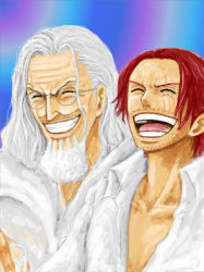 Rule 34 | 2boys, facial hair, glasses, lowres, male focus, multiple boys, one piece, open mouth, red hair, scar, shanks (one piece), silvers rayleigh, smile, teeth, white hair