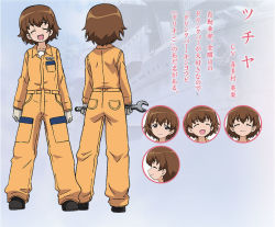 Rule 34 | 10s, 1girl, ^ ^, brown eyes, brown footwear, brown hair, character sheet, closed eyes, concept art, expressions, closed eyes, freckles, girls und panzer, gloves, holding, jumpsuit, long sleeves, mechanic, multiple views, official art, open mouth, orange jumpsuit, overalls, shirt, shoes, short hair, smile, standing, sugimoto isao, tsuchiya (girls und panzer), white gloves, white shirt, wrench