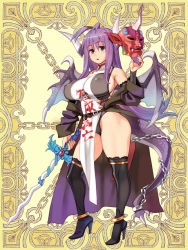 Rule 34 | 1girl, :o, black eyes, breasts, cape, character request, covered erect nipples, dragon tail, dragon wings, frazier howlight, full body, high heels, holding, horns, kerberos blade, large breasts, long hair, looking at viewer, mask, purple hair, ryoji (nomura ryouji), solo, sword, tail, thighhighs, weapon, wings, yellow background