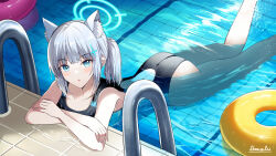 Rule 34 | 1girl, animal ear fluff, animal ears, ass, black one-piece swimsuit, blue archive, blue eyes, breasts, commentary, competition swimsuit, covered navel, cross hair ornament, extra ears, feet out of frame, grey hair, hair ornament, halo, highres, innertube, looking at viewer, low ponytail, medium breasts, medium hair, mismatched pupils, multicolored clothes, multicolored swimsuit, namakisama, official alternate costume, one-piece swimsuit, partially submerged, pool, pool ladder, poolside, shiroko (blue archive), shiroko (swimsuit) (blue archive), solo, swim ring, swimsuit, water, wolf ears