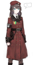 Rule 34 | 1girl, absurdres, armband, belt, beret, black necktie, blue eyes, boots, buttons, character request, check character, closed mouth, coat, collared shirt, feet out of frame, female commander (girls&#039; frontline), girls&#039; frontline, griffin &amp; kryuger military uniform, hat, highres, holster, medium hair, necktie, pantyhose, rampart1028, red coat, red hat, shirt, shoshinsha mark, simple background, sleeve cuffs, solo, speech bubble, spoken expression, white background, white shirt