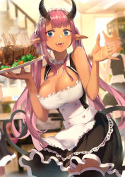 Rule 34 | 1girl, absurdres, alternate costume, apron, black thighhighs, blue eyes, boned meat, breasts, cleavage, cleavage cutout, clothing cutout, dark-skinned female, dark skin, demon girl, demon horns, demon tail, enmaided, food, heart, heart tail, highres, horns, large breasts, light purple hair, looking at viewer, maid, maid headdress, meat, mr.lime, original, pointy ears, restaurant, sharp teeth, tail, teeth, thighhighs, tray, twintails, waist apron