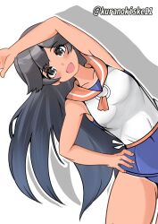 Rule 34 | 1girl, black hair, blue one-piece swimsuit, blush, breasts, exercising, headgear, highres, i-400 (kancolle), kantai collection, kurano kisuke, long hair, looking at viewer, neckerchief, one-piece swimsuit, one-piece tan, open mouth, orange sailor collar, pleated skirt, sailor collar, sailor shirt, school swimsuit, school uniform, serafuku, shadow, shirt, side-tie shirt, skirt, sleeveless, sleeveless shirt, small breasts, smile, solo, swimsuit, swimsuit under clothes, tan, tanline, twitter username, white background