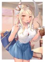 Rule 34 | 1girl, bag, black bra, blonde hair, blue skirt, blurry, blurry background, boar, border, bra, breasts, collarbone, commentary, cowboy shot, cup, dark-skinned female, dark skin, desk, draph, drink, drinking glass, fingernails, forehead, frilled skirt, frills, granblue fantasy, hair over shoulder, highres, holding, holding drink, horns, ichiyo tsuyu (glacia glagla), indoors, kumbhira (granblue fantasy), large breasts, long bangs, long hair, looking at viewer, multicolored hair, open clothes, open mouth, open shirt, parted bangs, pink hair, pointy ears, school bag, shadow, shirt, short sleeves, skirt, solo, sunset, tan, two-tone hair, underwear, uniform, white border, white shirt, window, yellow eyes