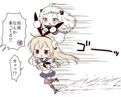 Rule 34 | 10s, 2girls, abyssal ship, ahoge, blonde hair, blush, colored skin, commentary request, dress, elbow gloves, gloves, grey hair, hair ornament, hairband, horns, kantai collection, long hair, migu (migmig), miniskirt, mittens, multiple girls, navel, northern ocean princess, open mouth, pale skin, red eyes, ribbon, running, school uniform, serafuku, shimakaze (kancolle), simple background, skirt, striped clothes, striped legwear, striped thighhighs, thighhighs, translation request, white background, white dress, white gloves, white hair, white skin
