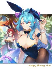 Rule 34 | 2023, 2girls, animal ears, bare shoulders, black leotard, blue hair, blue leotard, bow, bowtie, breasts, chinese zodiac, cleavage, closed mouth, clothes tug, cowboy shot, dragalia lost, dragalinuka, dragon girl, dragon horns, dragon tail, embarrassed, fake animal ears, fang, gradient hair, hair between eyes, highleg, highleg leotard, highres, horns, large breasts, leaning forward, leotard, long hair, looking at viewer, mature female, mercury (dragalia lost), multicolored hair, multiple girls, mym (dragalia lost), open mouth, pantyhose, pink hair, playboy bunny, plunging neckline, pointy ears, purple eyes, rabbit ears, red hair, smile, strapless, strapless leotard, tail, thighs, traditional bowtie, undersized breast cup, wrist cuffs, year of the rabbit, yellow eyes