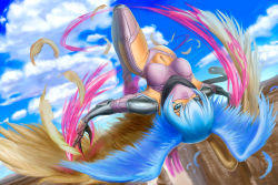 Rule 34 | 00s, 1girl, aqua eyes, aqua hair, arm support, armor, ass, ass focus, blue eyes, blue hair, breasts, canyon, claws, cloud, curvy, day, digimon, digimon (creature), digimon frontier, elbow gloves, eyelashes, facial mark, feathers, female focus, flying, gauntlets, gloves, harpy, head wings, high collar, highleg, highleg panties, highres, huge ass, large breasts, legs, mask, matching hair/eyes, midriff, monster girl, navel, panties, pink thighhighs, revealing clothes, scarf, short hair, shutumon, solo, tan, thighhighs, underwear, upside-down, wide hips, wings, worange