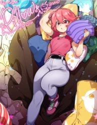 Rule 34 | 1girl, 2020, agawa ryou, arm up, belt, borrowed character, breasts, commentary, dated, grey pants, lying, medium breasts, on back, original, pants, parted lips, pillow, pillow (sandcasks), pink hair, red eyes, shoes, short hair, signature, sneakers, solo, thick eyebrows, twitter username