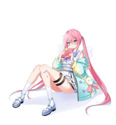 Rule 34 | 1girl, bare shoulders, belt, blue eyes, box, closed mouth, closers, dress, frown, gift, gift box, green jacket, hands up, highres, holding, jacket, knees up, long hair, long sleeves, looking at viewer, non-web source, off shoulder, official art, open clothes, open jacket, pink hair, sandals, seulbi lee, short dress, sitting, sleeveless, sleeveless dress, socks, solo, thigh strap, thighs, twintails, very long hair, white dress, white socks