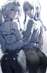 Rule 34 | 2girls, ass, braid, braided ponytail, chainsaw man, closed mouth, commentary, crossover, eyewear on head, from behind, gradient background, grey background, greyscale, hair between eyes, hews, highres, honkai: star rail, honkai (series), kafka (honkai: star rail), long hair, long sleeves, looking at viewer, looking back, makima (chainsaw man), monochrome, multiple girls, pants, shirt, sketch, smile