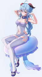 Rule 34 | 1girl, absurdres, ahoge, bare arms, bare shoulders, blue choker, blue footwear, blue hair, breasts, choker, cleavage, commentary, cosplay, dealesis, english commentary, ganyu (genshin impact), genshin impact, grey background, hair between eyes, highres, horns, jellyfish, large breasts, long hair, looking at viewer, navel, sandals, sangonomiya kokomi, sangonomiya kokomi (cosplay), simple background, sitting, solo, strapless, thighhighs, thighs, very long hair, white thighhighs