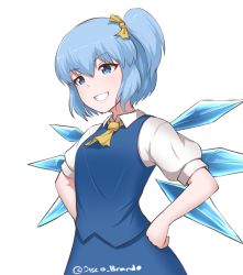 Rule 34 | 1girl, artist name, blue eyes, blue hair, bow, cirno, collared shirt, cosplay, daiyousei, daiyousei (cosplay), disco brando, grin, hair bow, hands on own hips, highres, looking away, parted lips, puffy short sleeves, puffy sleeves, shirt, short sleeves, smile, solo, teeth, touhou, twitter username, upper body, white shirt, yellow bow