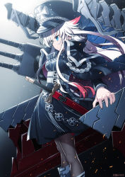 Rule 34 | 1girl, aiguillette, armor, artist name, azur lane, black coat, black dress, black footwear, black pantyhose, blue eyes, boots, breastplate, breasts, coat, coat on shoulders, commentary request, cowboy shot, cross, dress, floating hair, hair between eyes, hat, highres, iron cross, knee boots, light particles, long hair, long sleeves, looking to the side, medium breasts, military hat, multicolored hair, odin (azur lane), open clothes, open coat, pantyhose, peaked cap, profile, red hair, rigging, sheath, sheathed, sidelocks, simple background, solo, standing, streaked hair, sword, tansan daisuki, turret, underbust, weapon, white hair