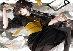Rule 34 | 1girl, black hair, black kimono, closed mouth, floating hair, gedomaru, gintama, highres, holding, holding weapon, horns, japanese clothes, kimono, looking at viewer, obi, red eyes, sash, shinomy, short hair, solo, weapon