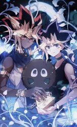 Rule 34 | 2boys, absurdres, alimistland, arm around waist, armlet, atem, black choker, black hair, blonde hair, chain, chain necklace, choker, commentary, dark-skinned male, dark skin, earrings, egyptian clothes, flower, gold bracelet, hair ornament, highres, jewelry, kuriboh, light smile, long bangs, looking at viewer, male focus, millennium puzzle, monster, multicolored hair, multiple boys, muto yugi, necklace, pharaoh, plant, purple eyes, red eyes, red hair, shirt, sleeveless, sleeveless shirt, spiked hair, tassel, tassel earrings, vines, white flower, yu-gi-oh!, yu-gi-oh! duel monsters