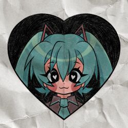 Rule 34 | 1girl, :3, aqua hair, black eyes, blush stickers, collared shirt, cryptidhermit, dot nose, eyelashes, faux traditional media, grey shirt, hair between eyes, hatsune miku, heart, heart-shaped pupils, highres, long hair, shirt, solo, symbol-shaped pupils, twintails, upper body, vocaloid, white background