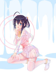 Rule 34 | 1girl, absurdres, ahoge, blue eyes, breasts, chuunibyou demo koi ga shitai!, commentary request, cropped jacket, eyepatch, hair ribbon, hand on own leg, hand up, highres, jacket, kneeling, looking at viewer, medium hair, multicolored background, one side up, open mouth, pleated skirt, ribbon, scarf, shenlan yu jiangzi, shoes, short hair, side ponytail, skirt, small breasts, solo, takanashi rikka, thighhighs, white footwear, white jacket, white scarf, white thighhighs