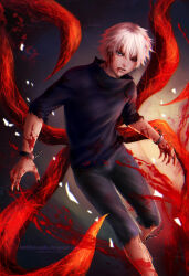 1boy absurdres black_nails black_sclera black_shirt blood blood_on_arm blood_on_face broken_handcuffs bug centipede colored_sclera commentary cuffs deviantart_username english_commentary english_text handcuffs heterochromia highres kagune_(tokyo_ghoul) kaneki_ken looking_at_viewer male_focus nail_polish open_mouth realistic shirt short_hair short_sleeves solo tokyo_ghoul torn_clothes translation_request watermark web_address white_hair zetsuai89